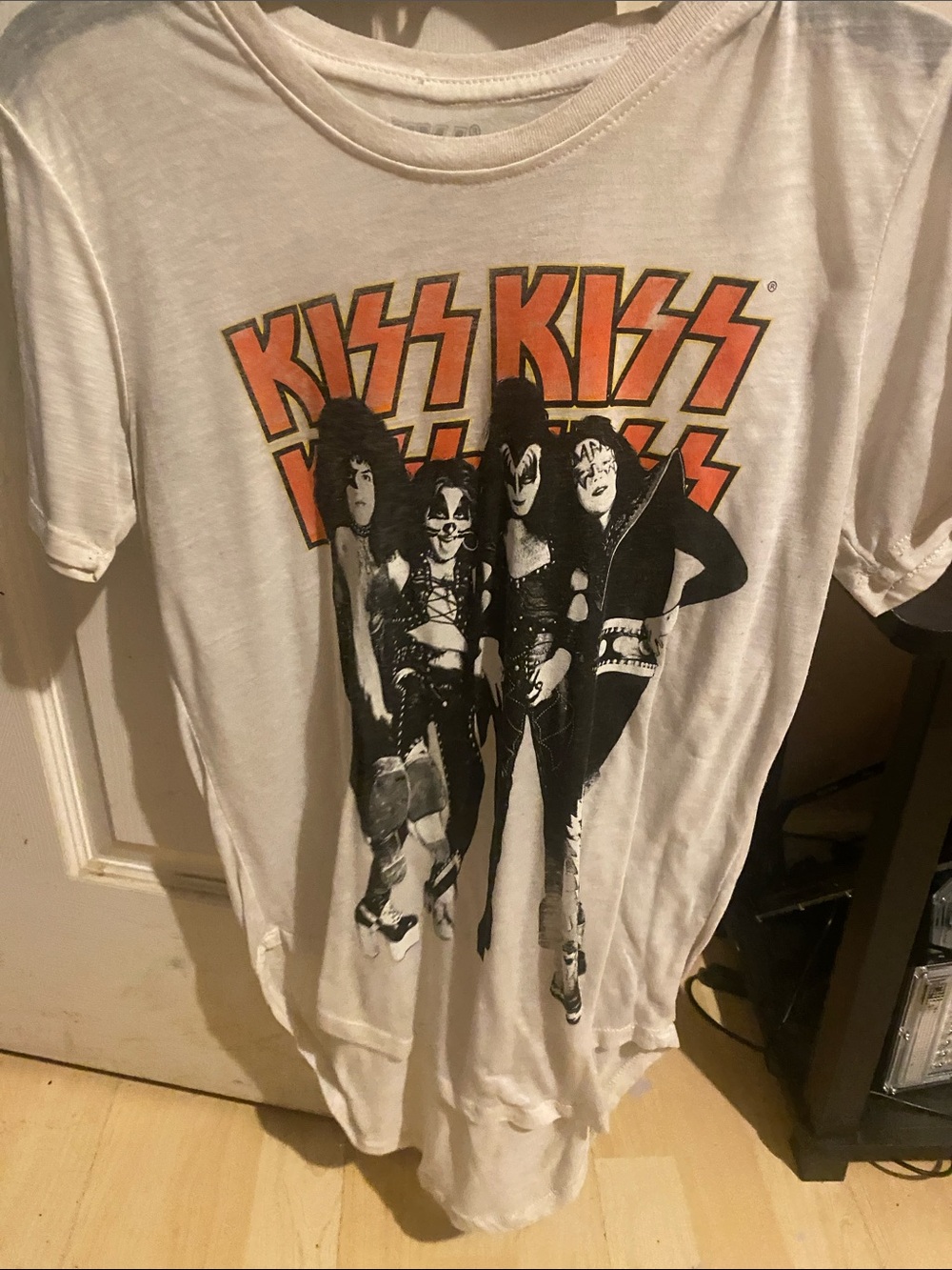 Kiss White Tee with Orange Logo and Black Band Photo
